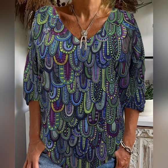 Paisley Pullover Shirt BOHO  4XL PLUS V-neck - Picture 4 of 11